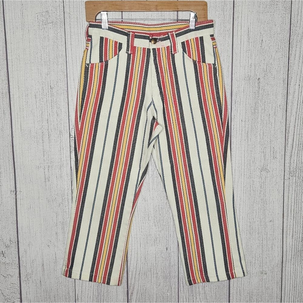 VTG 60s FARAH Denim Red, White, Blue & Yellow Striped Cropped Pants, 29x22
